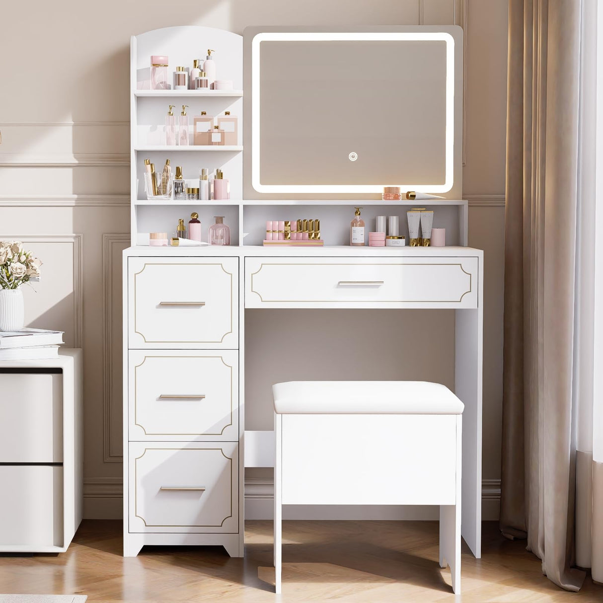 Hogxp Vanity Table with LED Mirror & Power Outlet - 5 Open Shelves, 4 Drawers - Includes Padded Stool - Ideal Bedroom Makeup Dressing Table (White) Hogxp