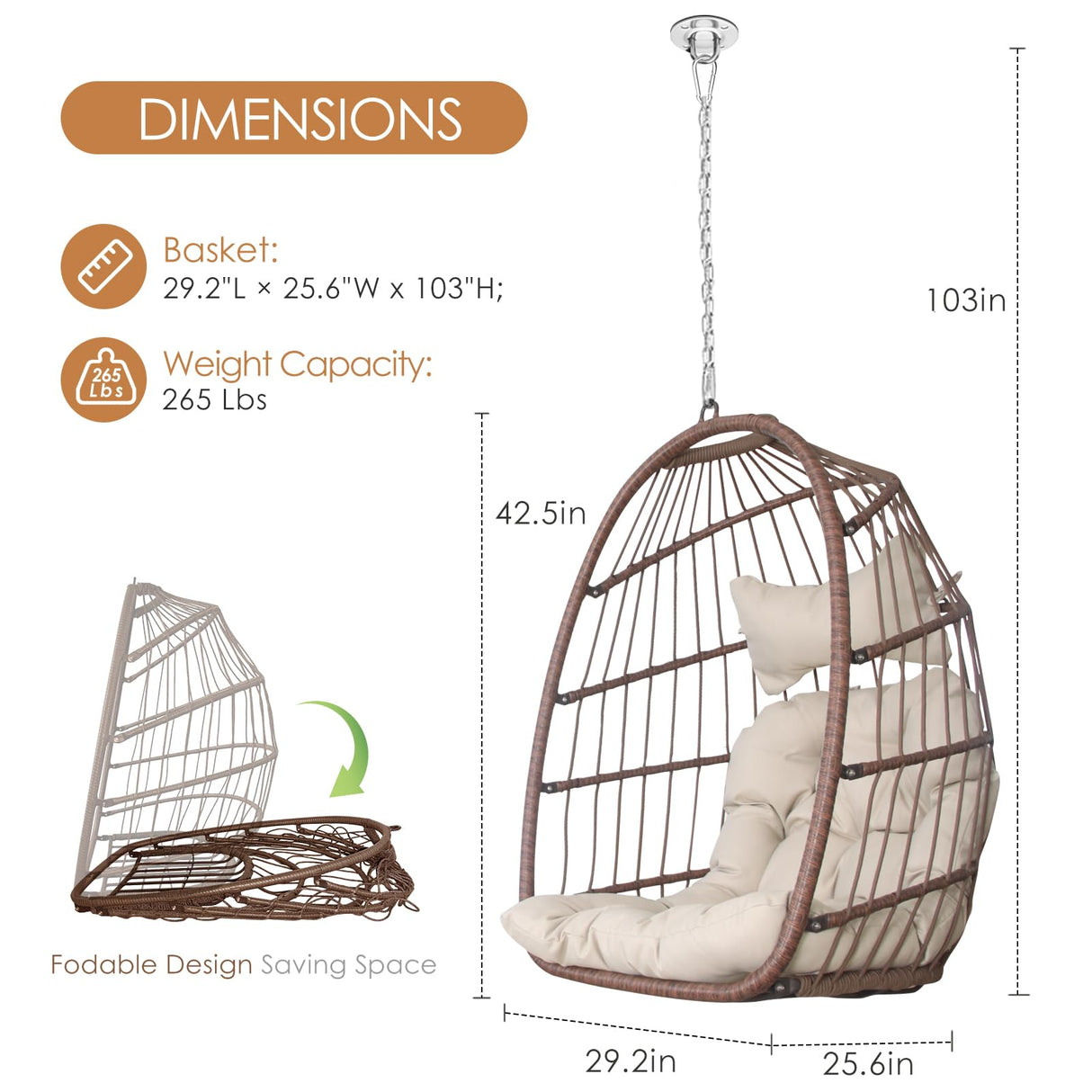 Nicesoul Outdoor Hanging Egg Chair Without Stand, Patio Wicker Swing Egg Basket Chairs with Padded Cushions, 350 Lbs Ceiling Tree Swinging Egg-Shaped Chair No Stand for Indoor Bedroom Porch, Brown NICESOUL
