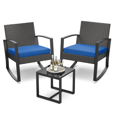 Qsun 3 Piece Patio Bistro Set Patio Furniture Set Outdoor Wicker Rocking Furniture Conversation Set with Tempered Glass Coffee Table for for Front Porch Balcony and Deck (Blue Cushion