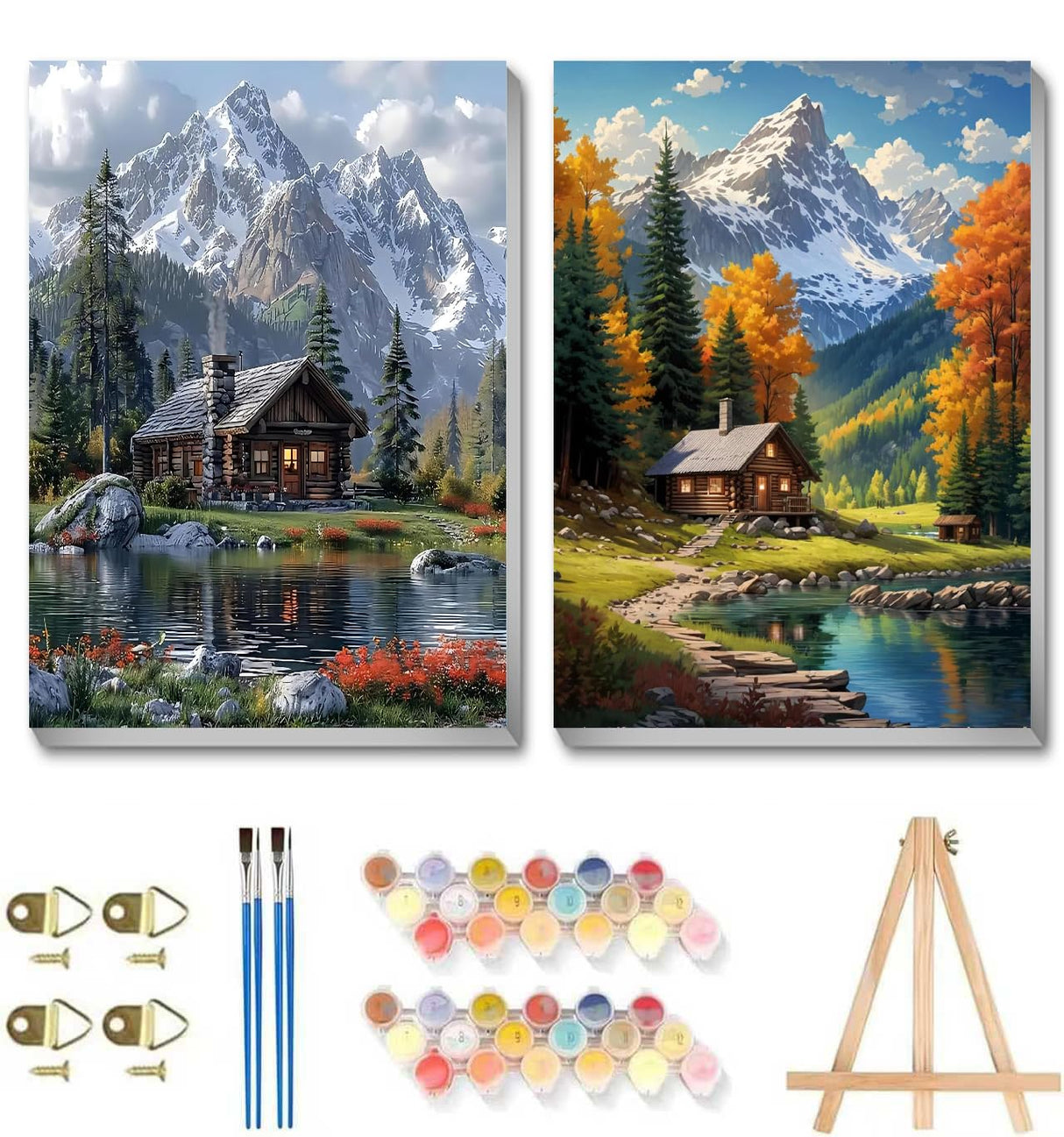 2 Pack Framed Paint by Numbers Kit for Adults - with Wooden Easel, Landscape Paint by Numbers Kit for Adults Framed, DIY Mountain Paint by Numbers with Frame for Home Wall Decor 8x12 Inch askkqtx