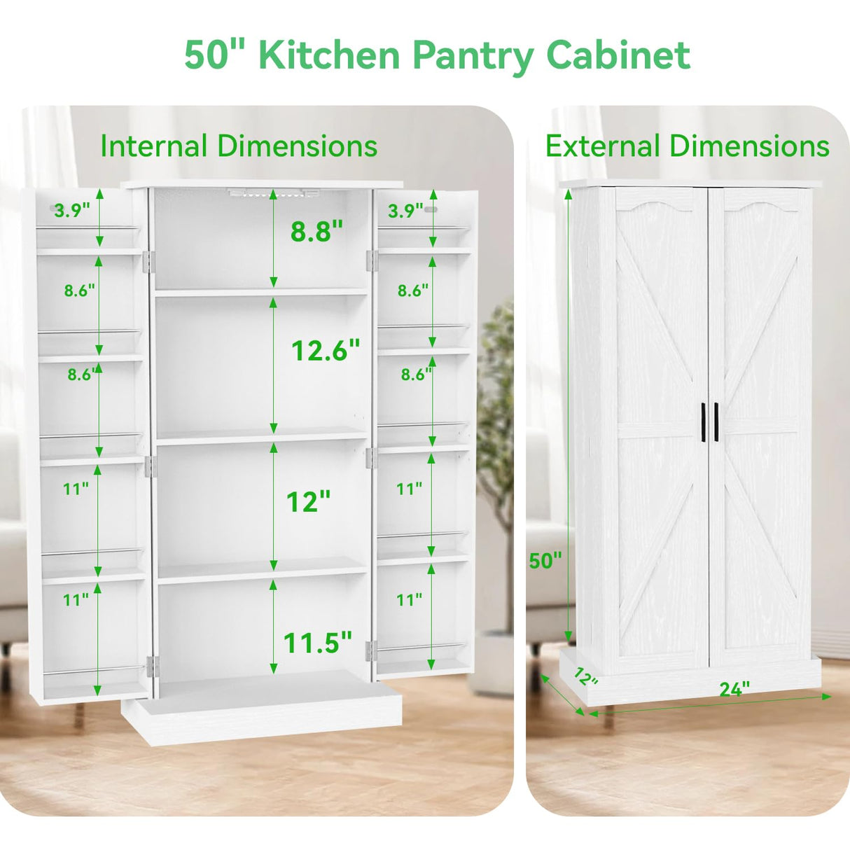 GEPELCN 50" LED Kitchen Pantry Cabinet Farmhouse Storage Cabinet Wood Food Pantry with Barn Doors and Adjustable Shelves Freestanding Buffet Cupboards Sideboard for Kitchen White GEPELCN