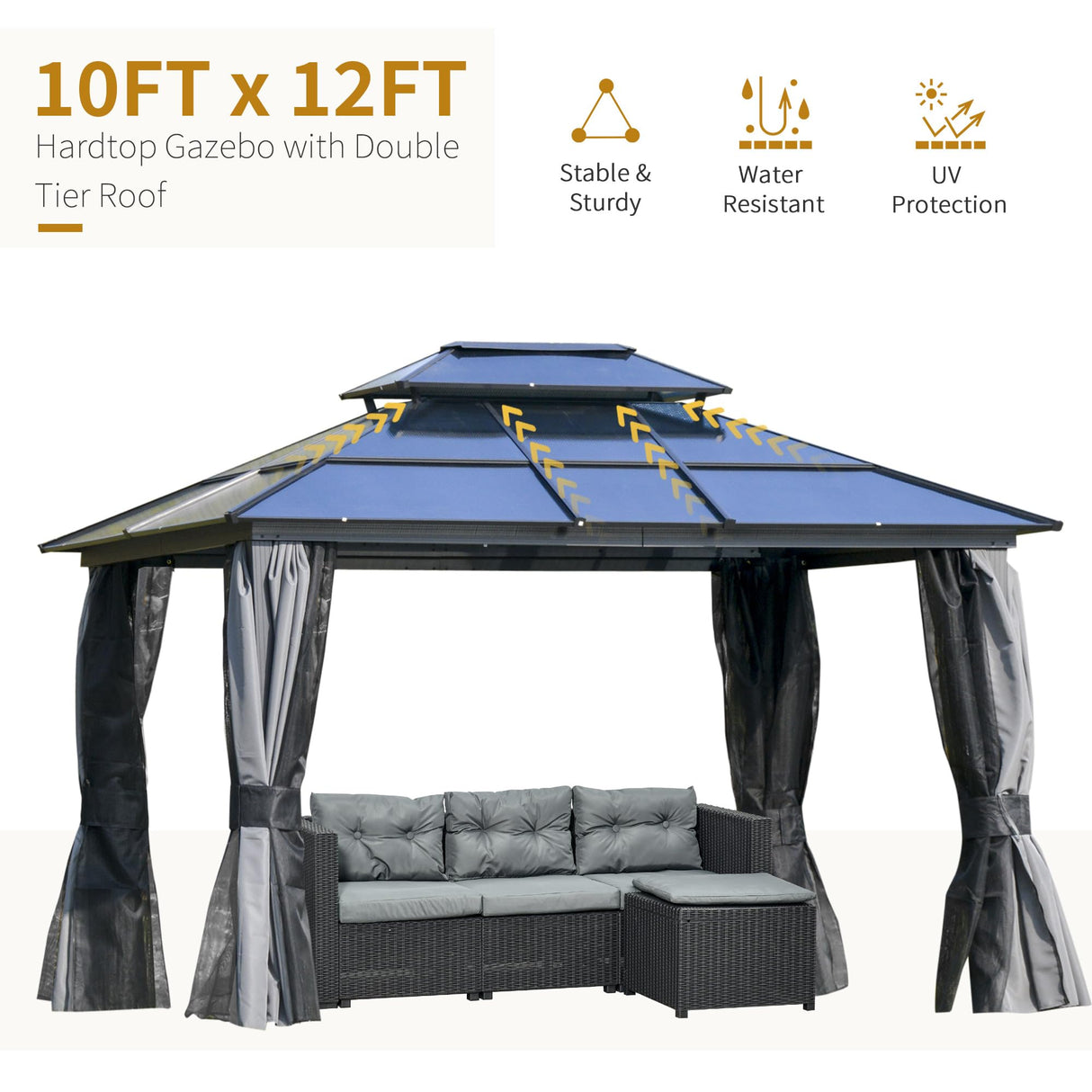 Outsunny 10' x 12' Hardtop Gazebo Canopy with Polycarbonate Roof, Aluminum Frame, Permanent Pavilion Outdoor Gazebo with Netting, for Patio, Garden, Backyard, Deck, Lawn, Light Gray Outsunny