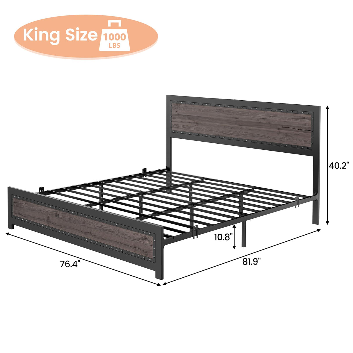 Curtainboro King Size Bed Frame with Charging Station, Bed Frames with Modern Industrial Wood & Rivet Design, No Box Spring Needed, Quick 15-Min Assembly Curtainboro