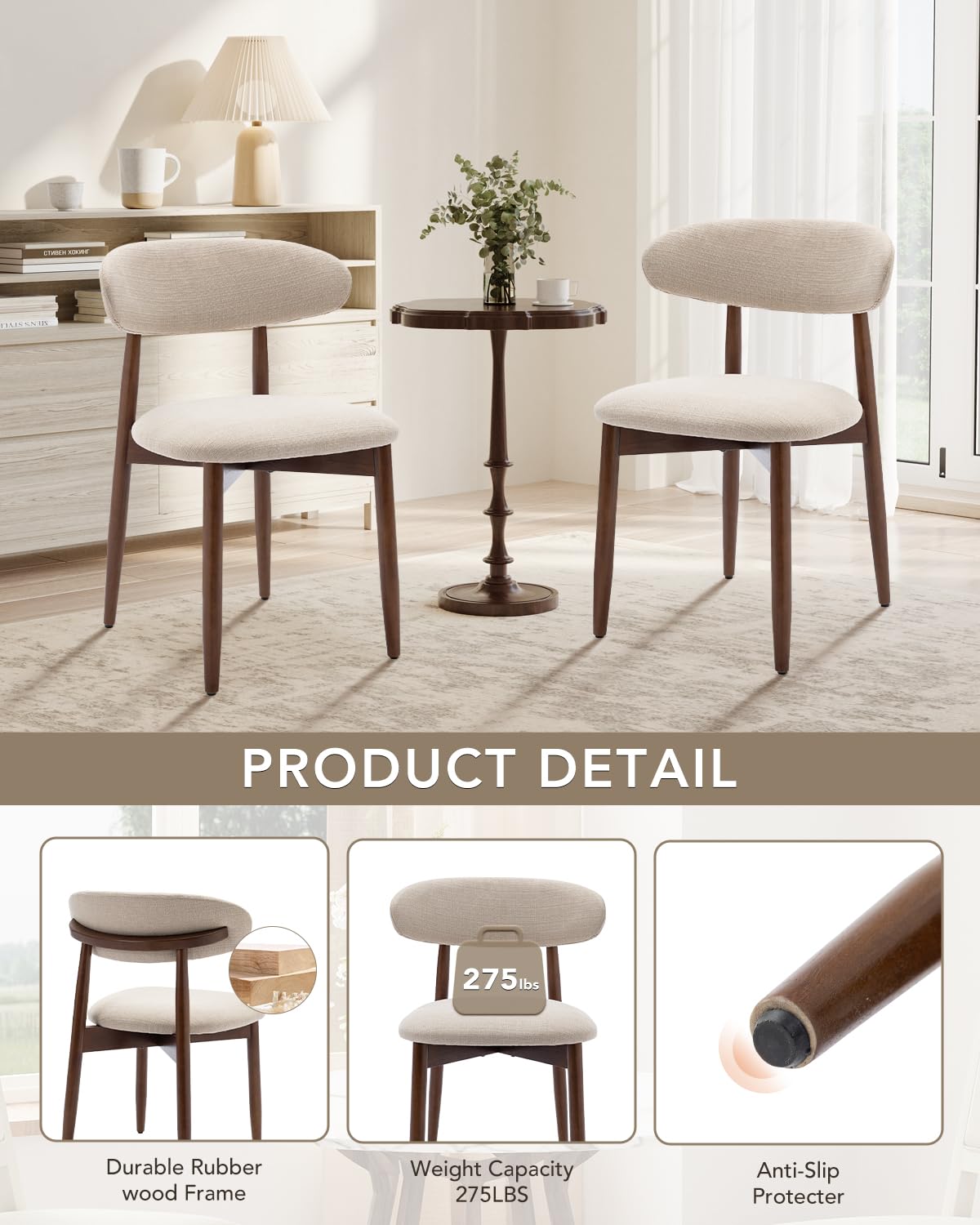 Homixis Dining Room Chairs Set of 4, Upholstered Farmhouse Dining Chairs, Modern Fabric Kitchen Chairs with Solid Wood Leg,Beige Homixis