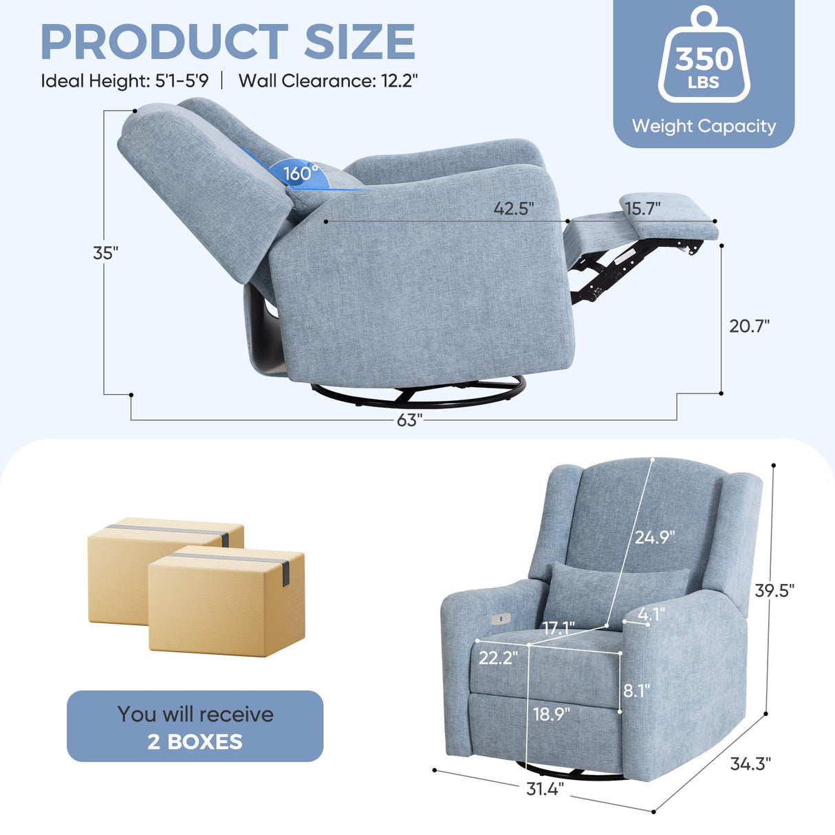 SENYUN Power Recliner Chair Swivel Glider, Large Nursery Glider w/USB Charging Port, Chenille Upholstered Rocker Recliner for Bedroom,Nursery,Living Room,1PC,Blue SENYUN