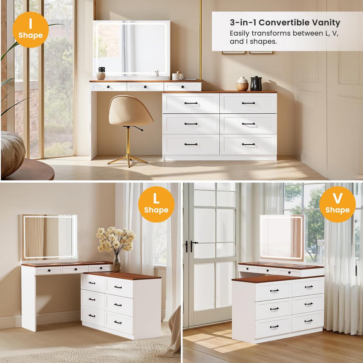 Mixcous Vanity Desk with Mirror and Lights, Vanity Dresser Combo, Farmhouse Makeup Vanity with 9 Drawers, Glass Top Corner Vanity Dressing Table, Extendable Big Dressing Table Set for Bedroom, White Mixcous