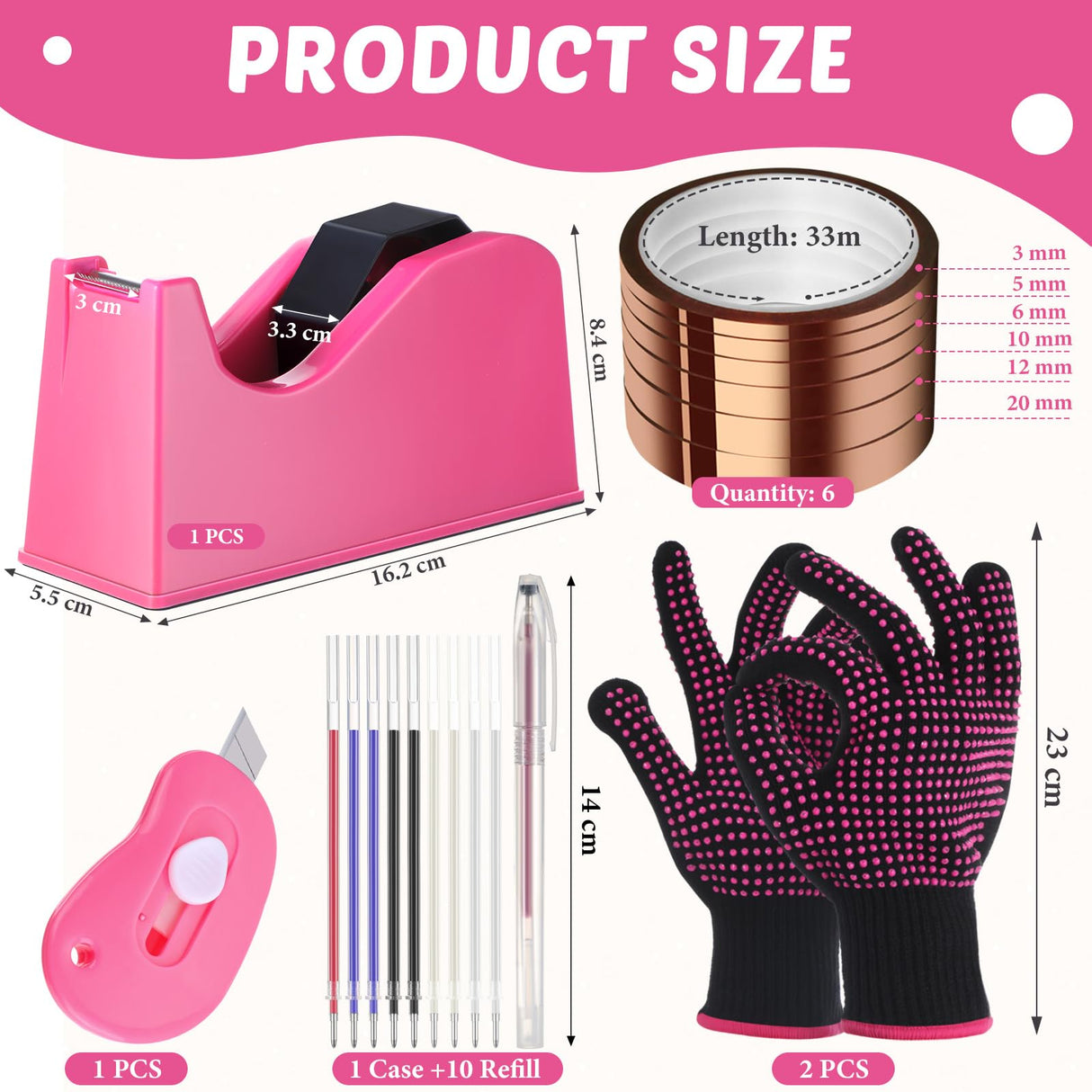 Kosiz 20 Pcs Heat Tape Dispenser Set 2 Heat Resistant Gloves with Silicone Bumps 6 Multi Size Heat Tape for Sublimation Mini Cutter Pen Set Nonskid Weighted Base Tape Holder for Heat Press (Rose Red) Kosiz