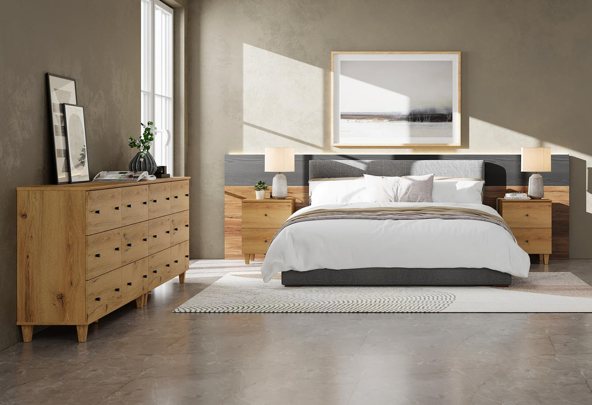 WAMPAT Dressers and Nightstand Set of 4, 94.4 Inches Wood Dresser with 12 Drawers, 2 Pieces Nightstands with Drawers and Charging Stations, Bedroom Furniture Set, Oak Brown WAMPAT