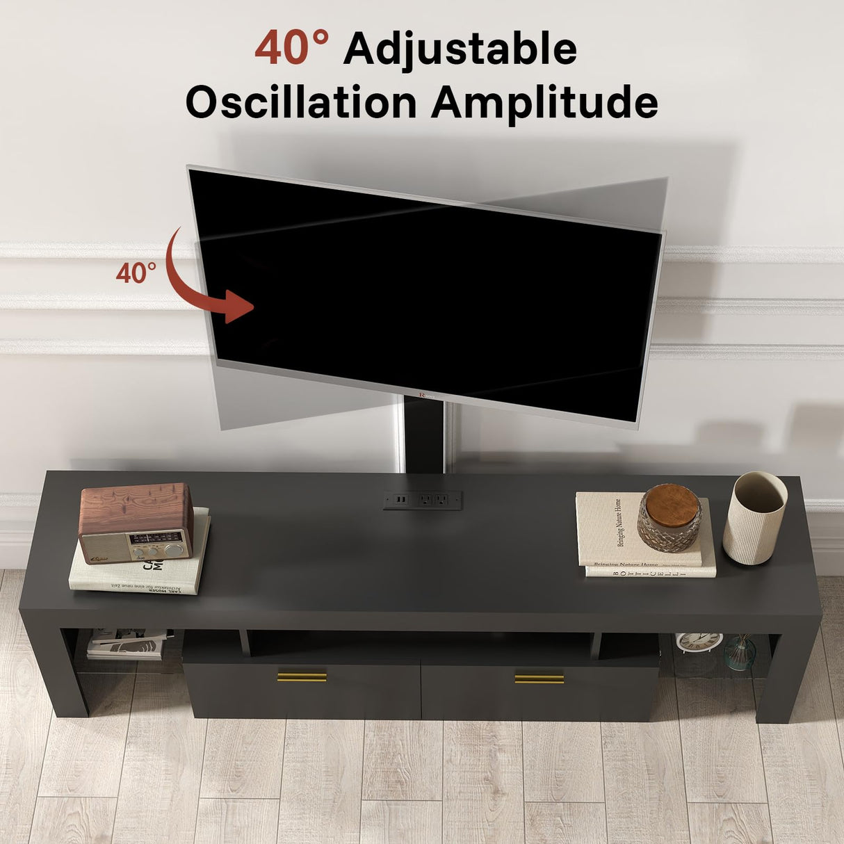 Redkey Modern TV-Stand with Mount - TV Console with 2AC Outlets - Television Stands with RGB Led Light for 70 75 80 Inch TVs - Double Cabinet - Open Glass Shelves - Pure Black Redkey