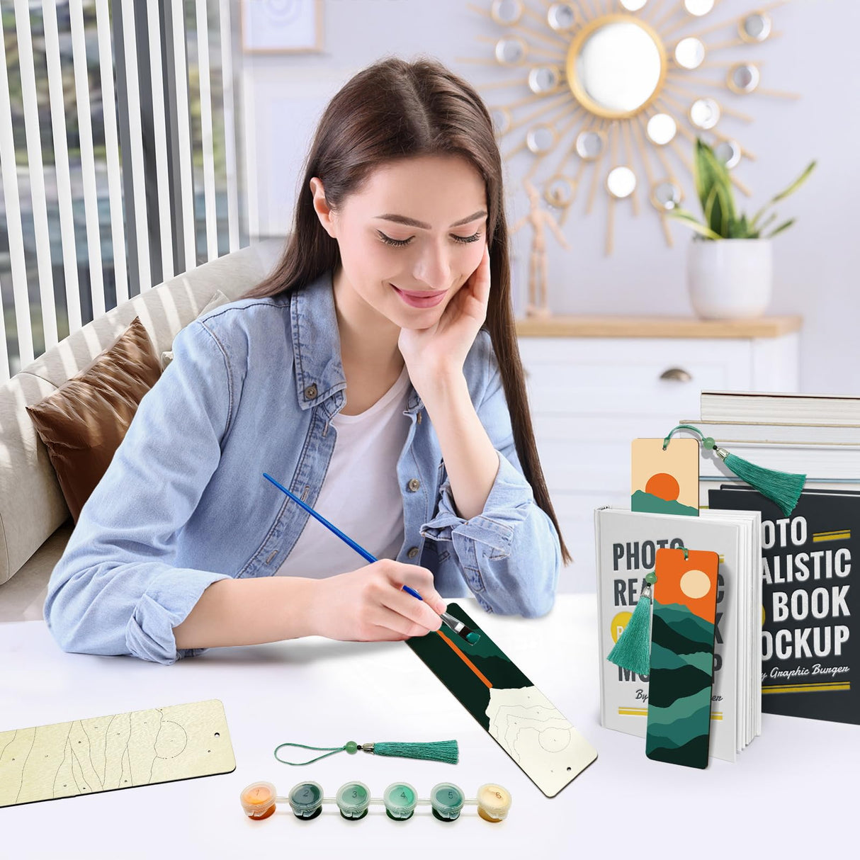 JOOZ Mountain Paint by Numbers Kit for Adults, 4 Pack Wood Bookmarks Paint by Numbers for Book Lovers, DIY Sunset Oil Painting by Number Bookmarks with Tassel for Gift 7x2 Inch JOOZ