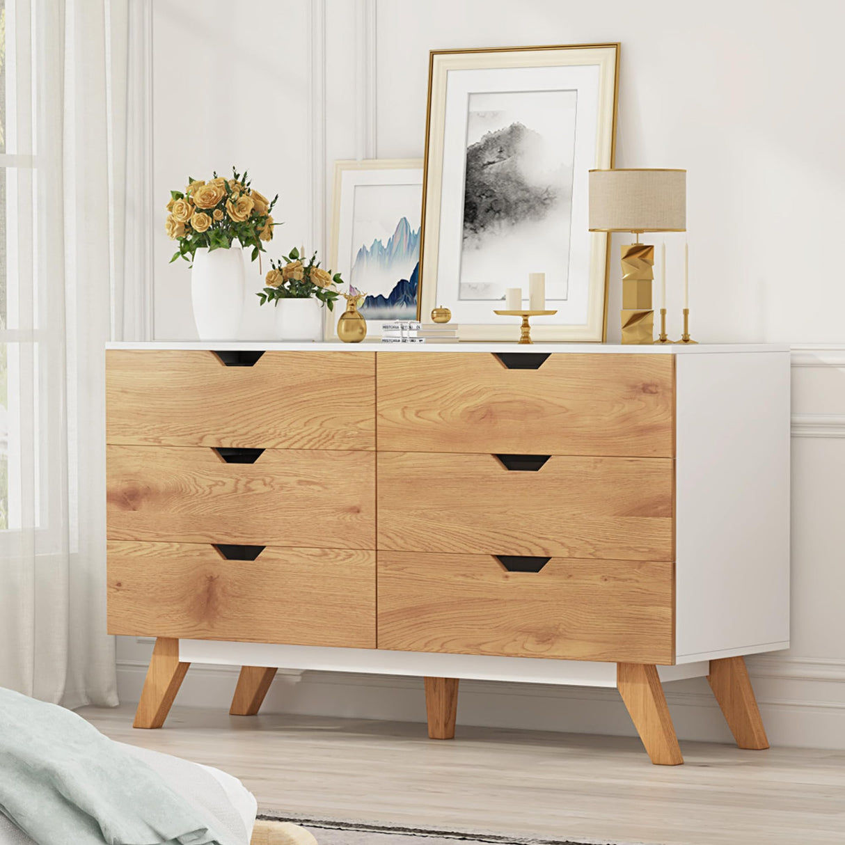 EazeHome Dresser for Bedroom with 6 Drawers, Rustic Brown Modern Wide Chest of Drawers, Large Wooden Storage Organizer for Living Room, Hallway, Entryway EazeHome