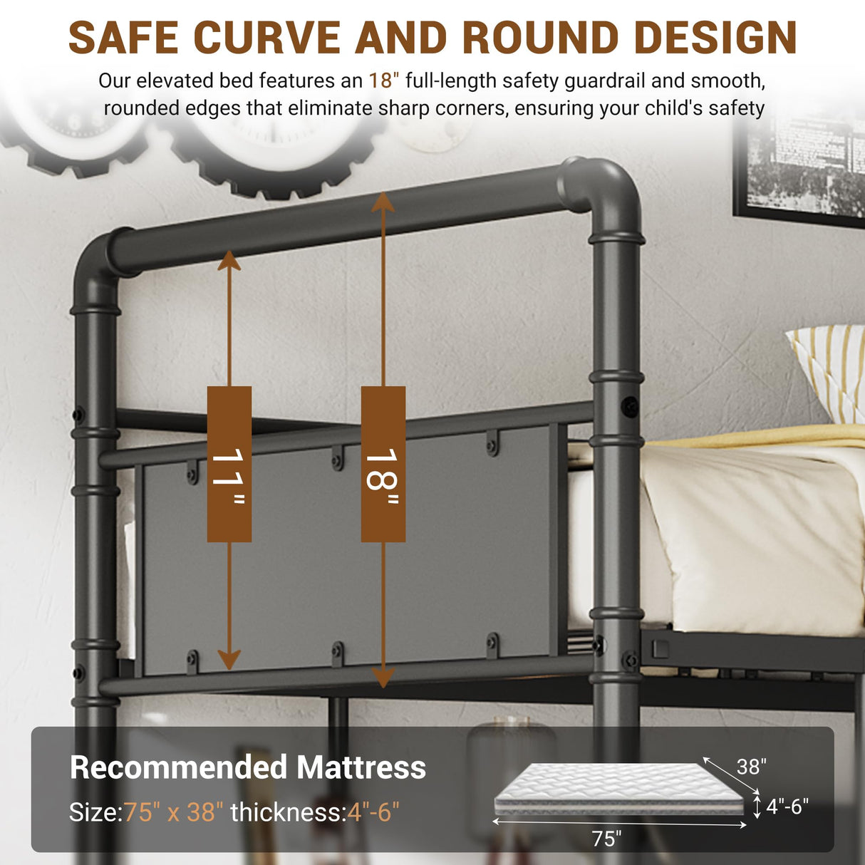 GarveeHome Loft Bunk Bed with L-Shaped Desk,Twin Loft Bed with Desk Underneath,Metal Bunk Beds with High Guardrail and Ladder for Kids/Teens/Adults,Easy Assembly, Vintage Black GarveeHome