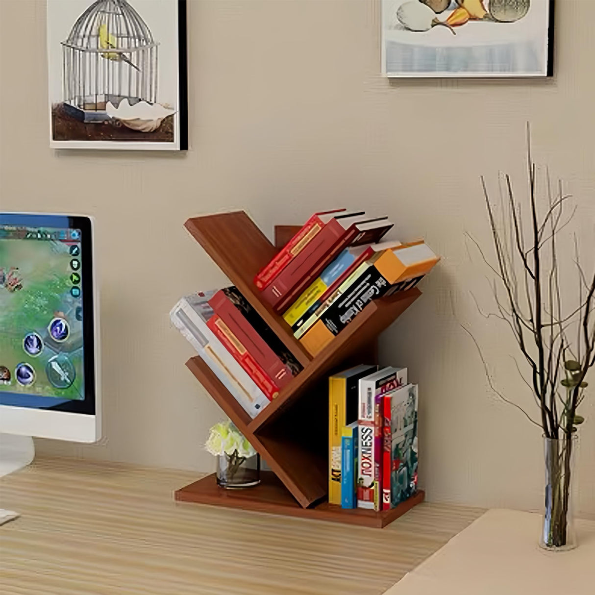 Godferyxin Book Tree Bookshelf, 3-Tier Wood Small Tree Bookcase for Displaying Books, CDs, Magazines and More at Office, Home or School Godferyxin