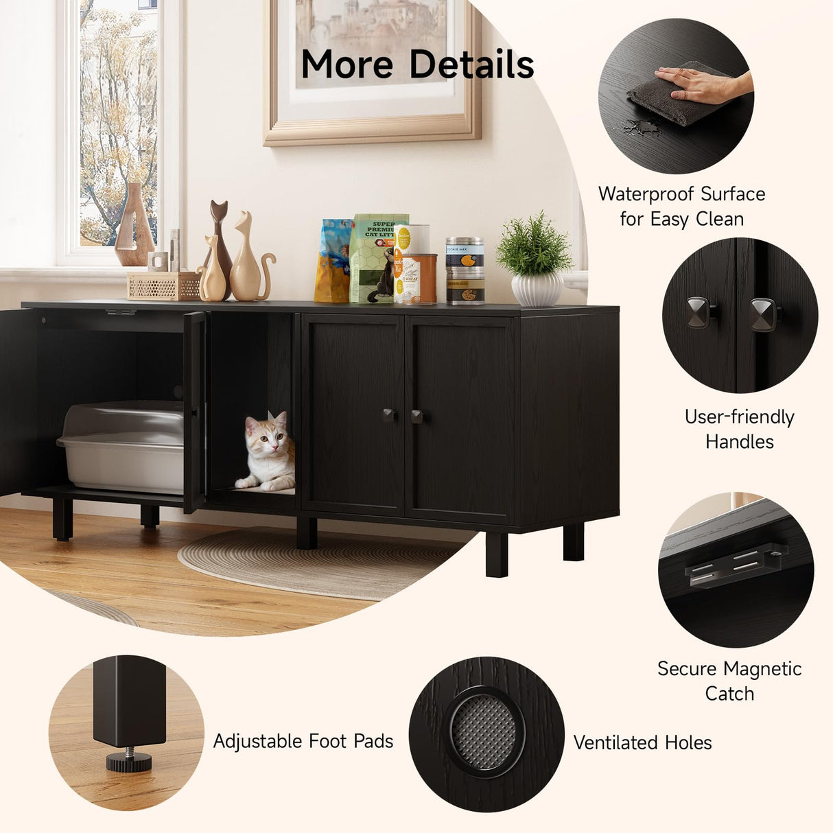 ONBRILL 59 Inches Cat Litter Box Enclosure for 2 Cats, Hidden Litter Boxes Furniture with Cat Scratch Pad, Large Indoor Pet House with Double Room, Wooden TV Stand Side Table, Black ONBRILL