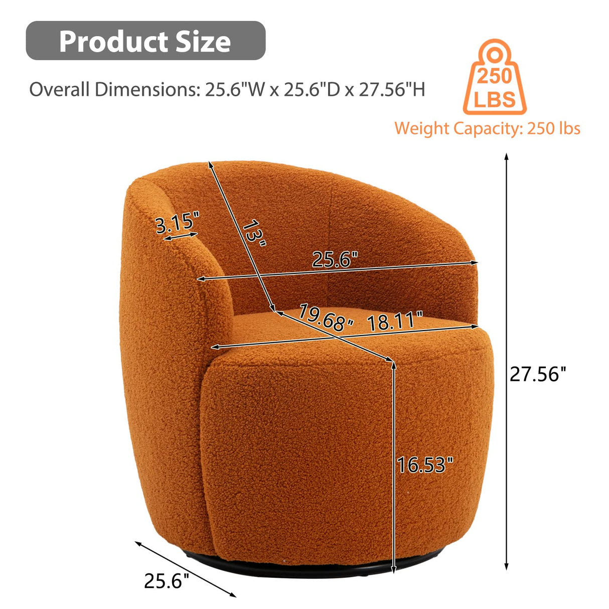 KIVENJAJA Swivel Barrel Chair, Teddy Sherpa Upholstered Modern Round Accent Arm Chairs, 360 Degree Swivel Small Single Sofa Armchair for Nursery Living Room Bedroom (Teddy, Orange) KIVENJAJA