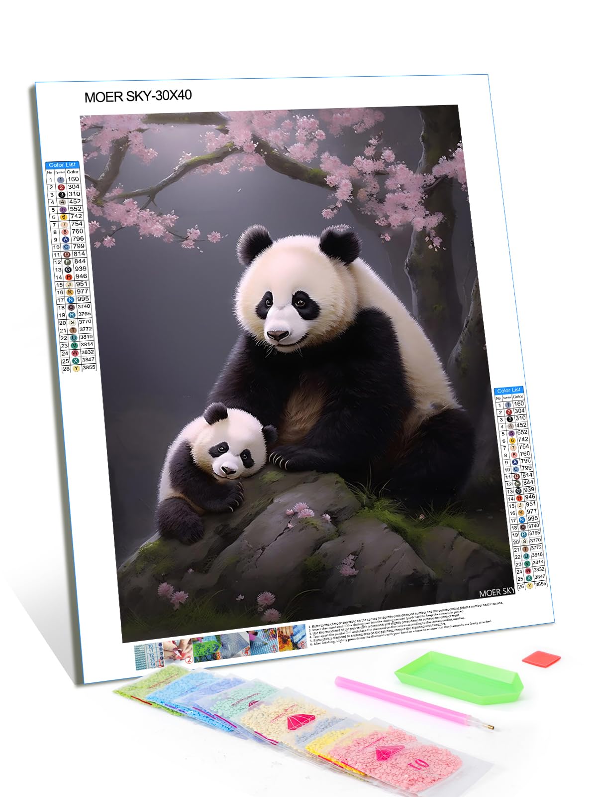 DIY Diamond Painting Kits Panda and Cub with Flowers Paint by Numbers for Adult Beginners, Full Round Panda Diamond Art Kits for Adults, for Wall Decor Club Decor Gifts 12x16 inch MOER SKY