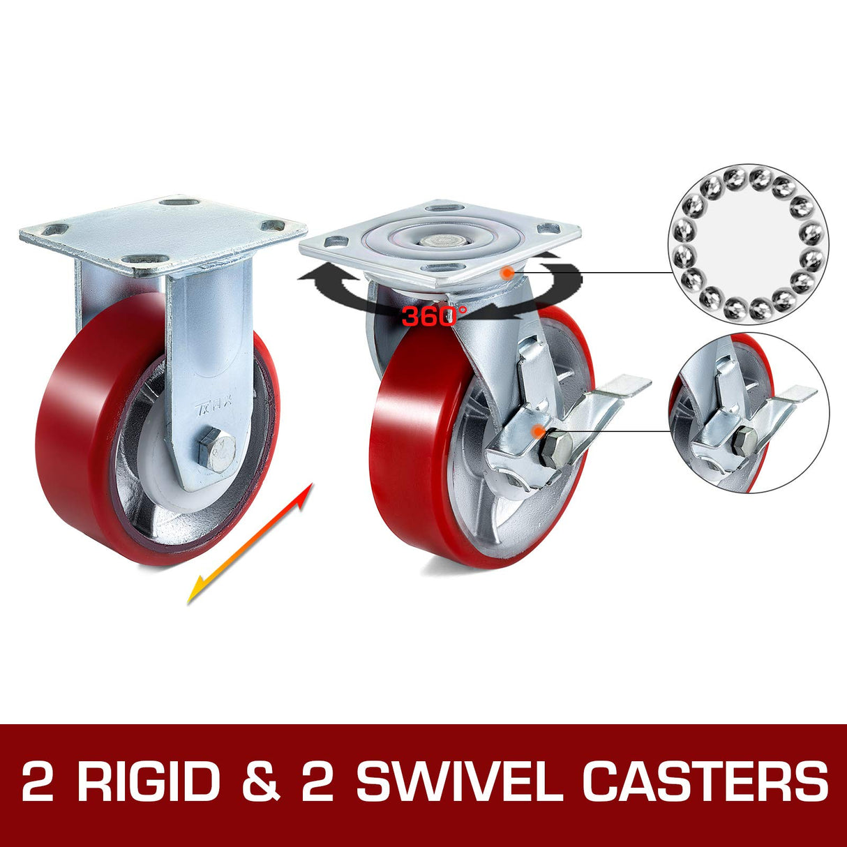 BestEquip 4 Pack 6 x 2 Inch Caster Wheels 2 Rigid and 2 Swivel Casters with Side Brake Polyurethane Iron Core Plate 1000LBS Capacity Per Wheel BestEquip