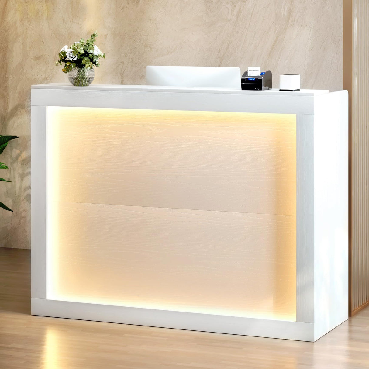 TC-HOMENY Reception Desk with LED Lights, 55'' Retail Counter Modern with Storage Shelves and Cable Grommet, Front Table, Salon Desk, Office Table,White TC-HOMENY