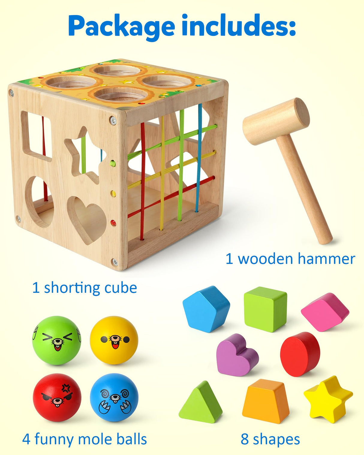 Coogam Wooden Montessori Toys for Toddlers, Shape Sorting Cube Whack Mole Fine Motor Skills Game for Year Old 18 Month+ Baby Boys Girls Gift Coogam