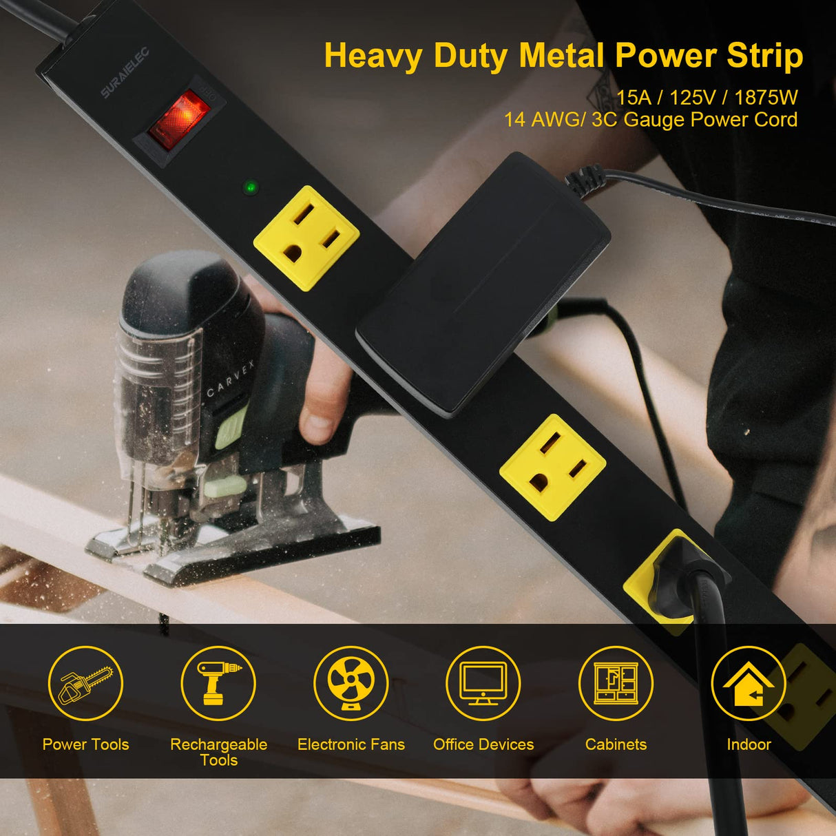 SURAIELEC 12 Outlet Long Metal Power Strip, 15 FT Cord Surge Protector, Angled Flat Plug, Wide Spaced Outlet Power Bar, 15A Breaker, Wall Mountable, Industrial Heavy Duty for Work Bench, Shop, Garage SURAIELEC
