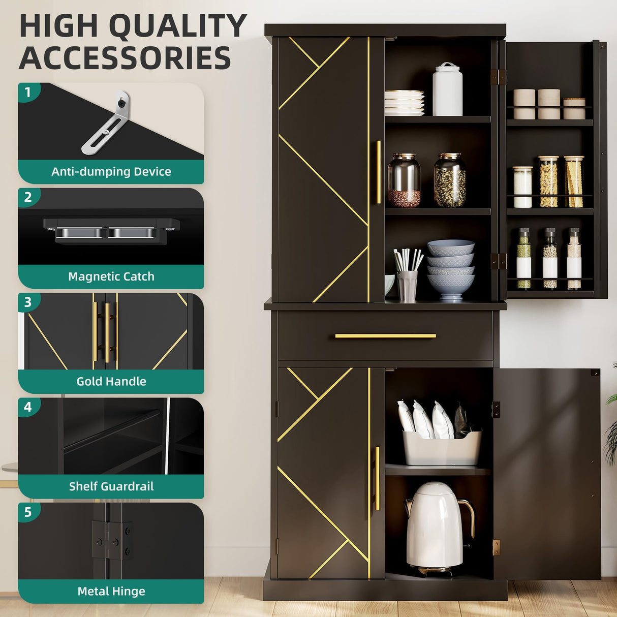 DWVO 72" Kitchen Pantry Storage Cabinet, Tall Modern Food Buffet Cabinets with Drawer & Adjustable Shelves & Door Rack, Freestanding Wood Storage Cupboard for Dining Room, Living Room, Bathroom, Black DWVO