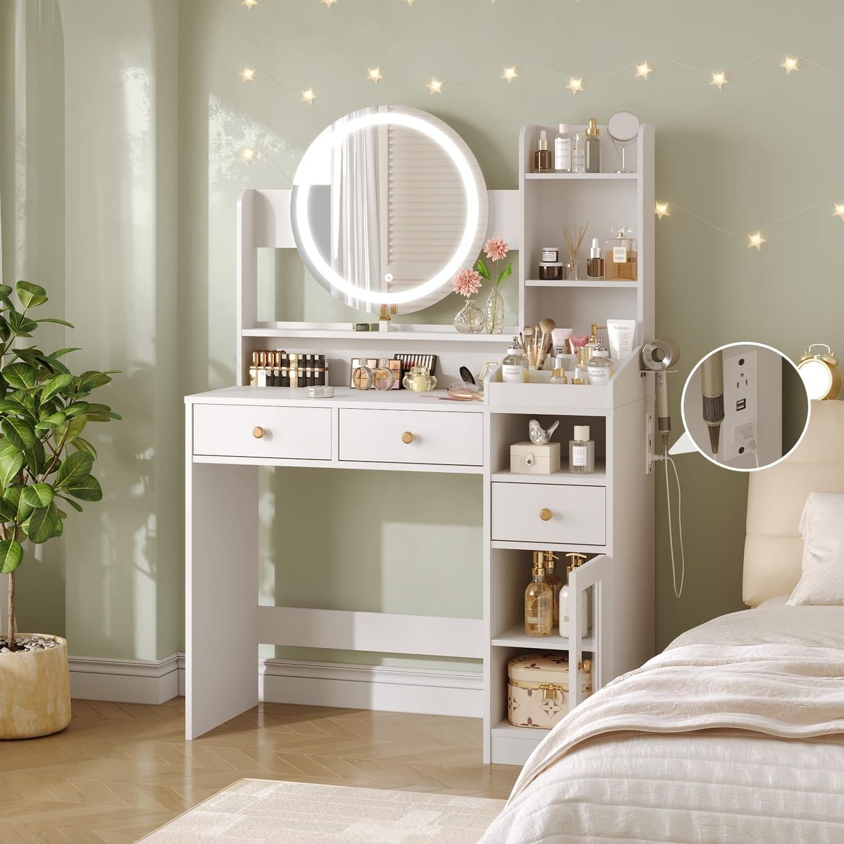 Vabches Vanity with Round Mirror and Lights,39 Inch Makeup Vanity Table with 3 Storage Compartments&Drawers,White Vanity with Glass Door Cabinet&Power Strip,Dressing Table for Bedroom Vabches