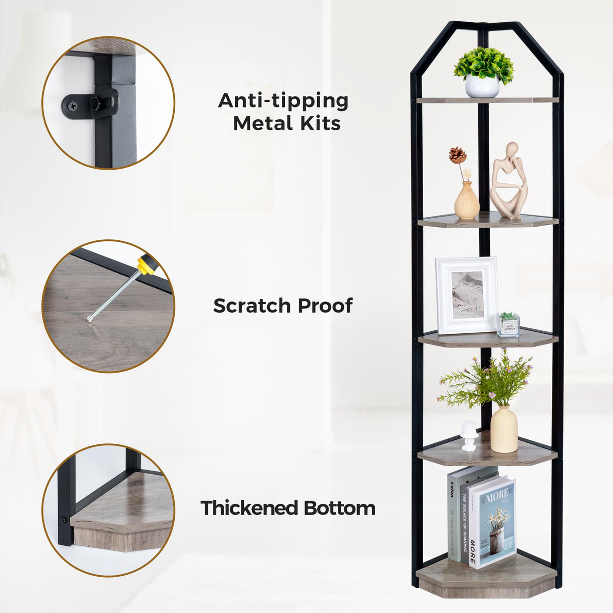 Fun Memories 5 Tier Corner Shelf, 70” Corner Shelf Stand, Corner Bookshelf Plant Stand, Storage Shelf for Bathroom, Living Room, Kitchen,Grey Home Office, Grey Fun Memories
