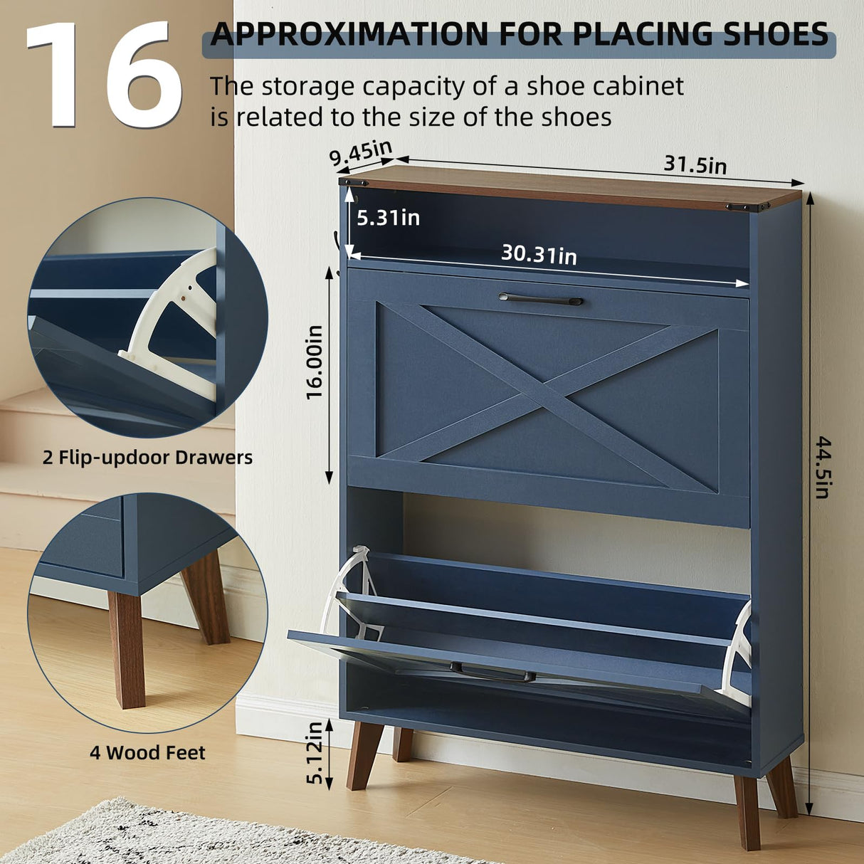 Joaxswe Shoe Storage Cabinet with 2 Flip Drawers, Farmhouse Shoe Organizer for Entryways, Narrow Hidden Rack & Open Storage, Free Standing Closet for Foyers, Hallways, Navy Blue Joaxswe