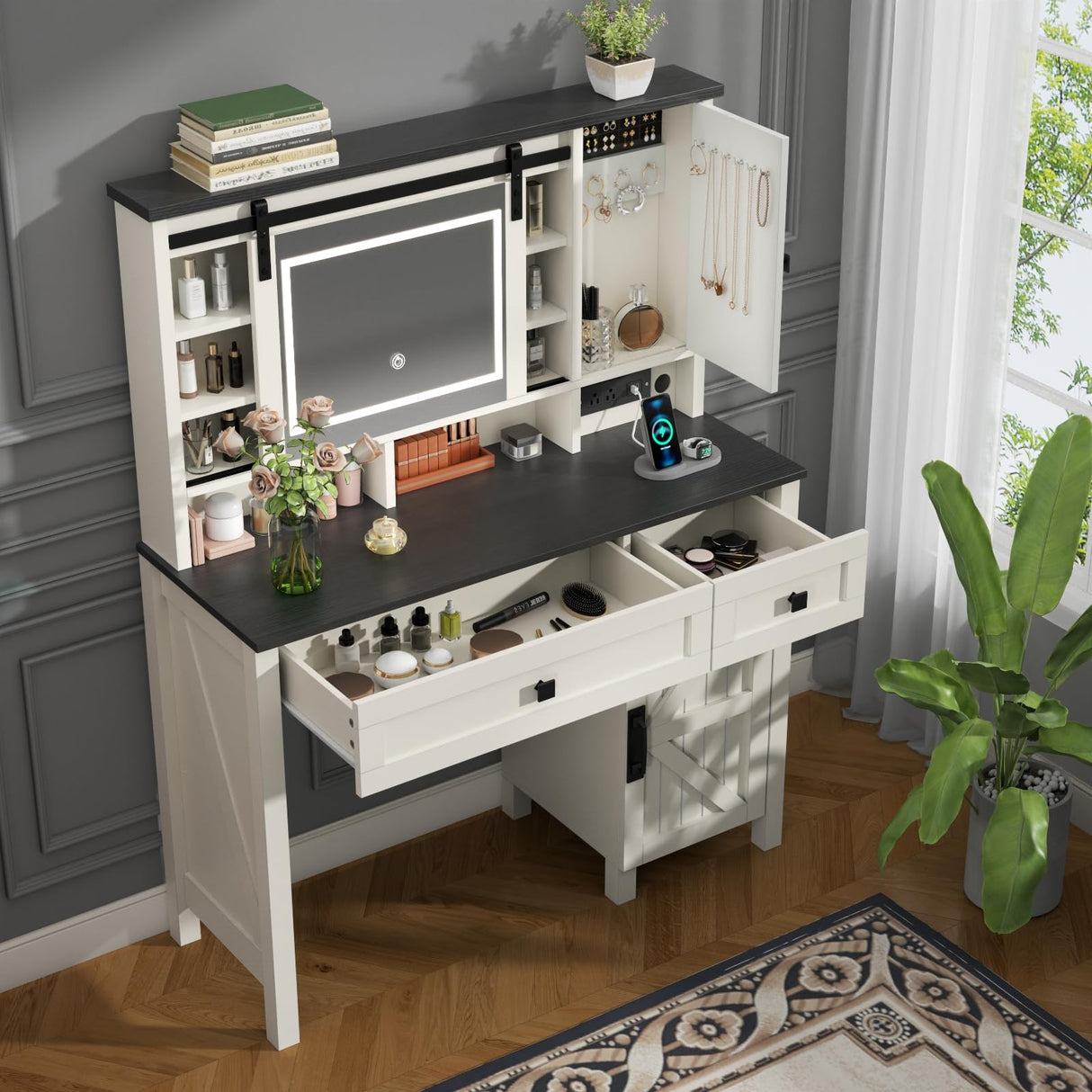 Gyfimoie Farmhouse Makeup Vanity Desk with Sliding Mirror and Lights, 42" White Vanity Set with Charging Station & 2 Drawers & 2 Cabinets, Dressing Table for Bedroom (White) Gyfimoie