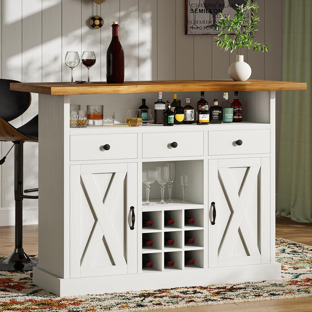 52 Inch Large Home Bar Unit with Foot Rail, 4-Tier Storage Bar Table with 3 Drawers, Farmhouse Wine Bar Cabinet with 9 Wine Rack & 2 Barn Doors, Home Bar Unit with Storage for Living Room, White 4ever2buy