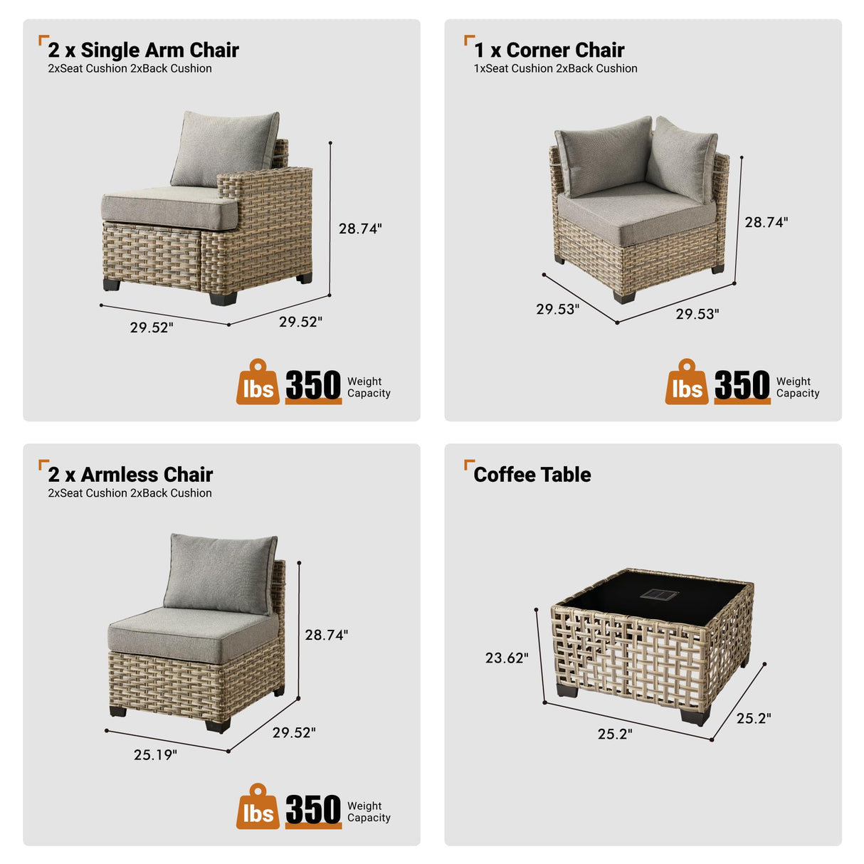 ovios 6 Piece Patio Sectional Furniture, Rattan Wicker Coversation Couch Set, Outdoor Sofa Set for Outside Porch Balcony Backyard Pool,Dark Grey ovios