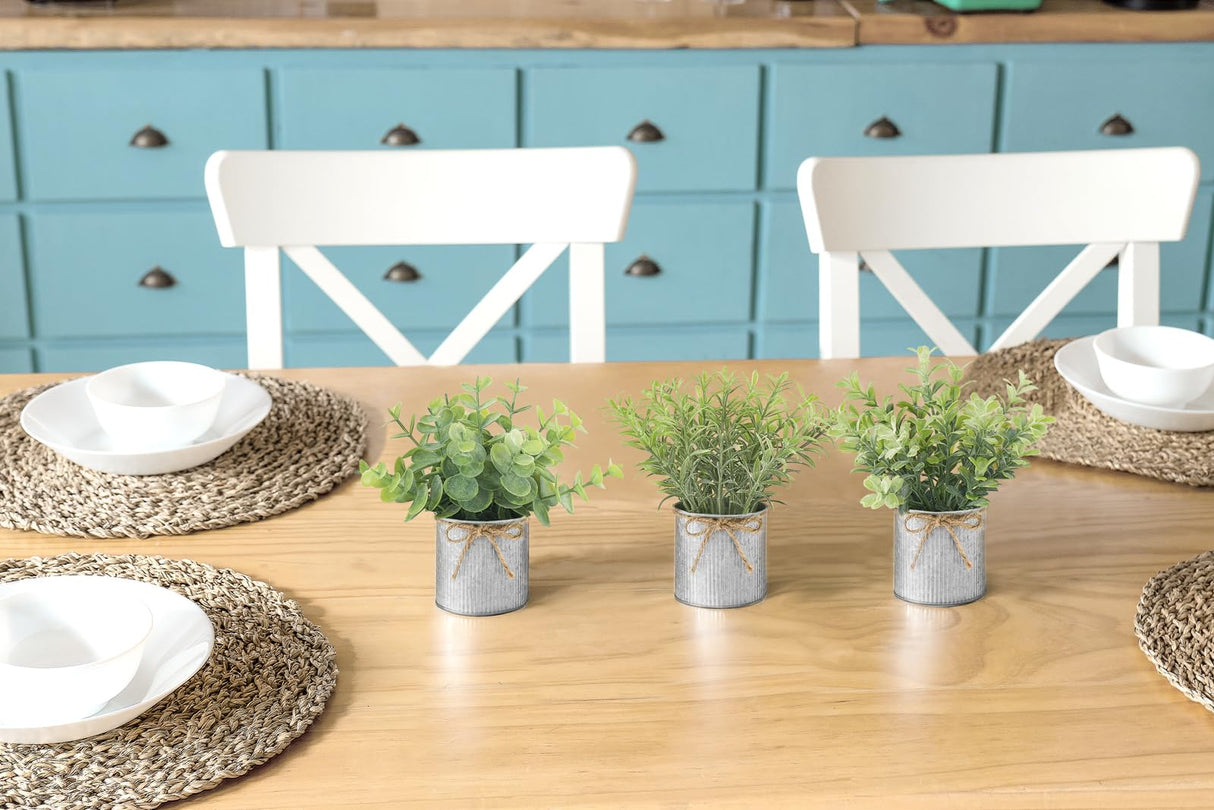 Mkono Mini Fake Plants in Farmhouse Galvanized Metal Pots 3 Pack Small Potted Artificial Plant Eucalyptus for Laundry Room Bathroom Shelf Table Decor Mkono