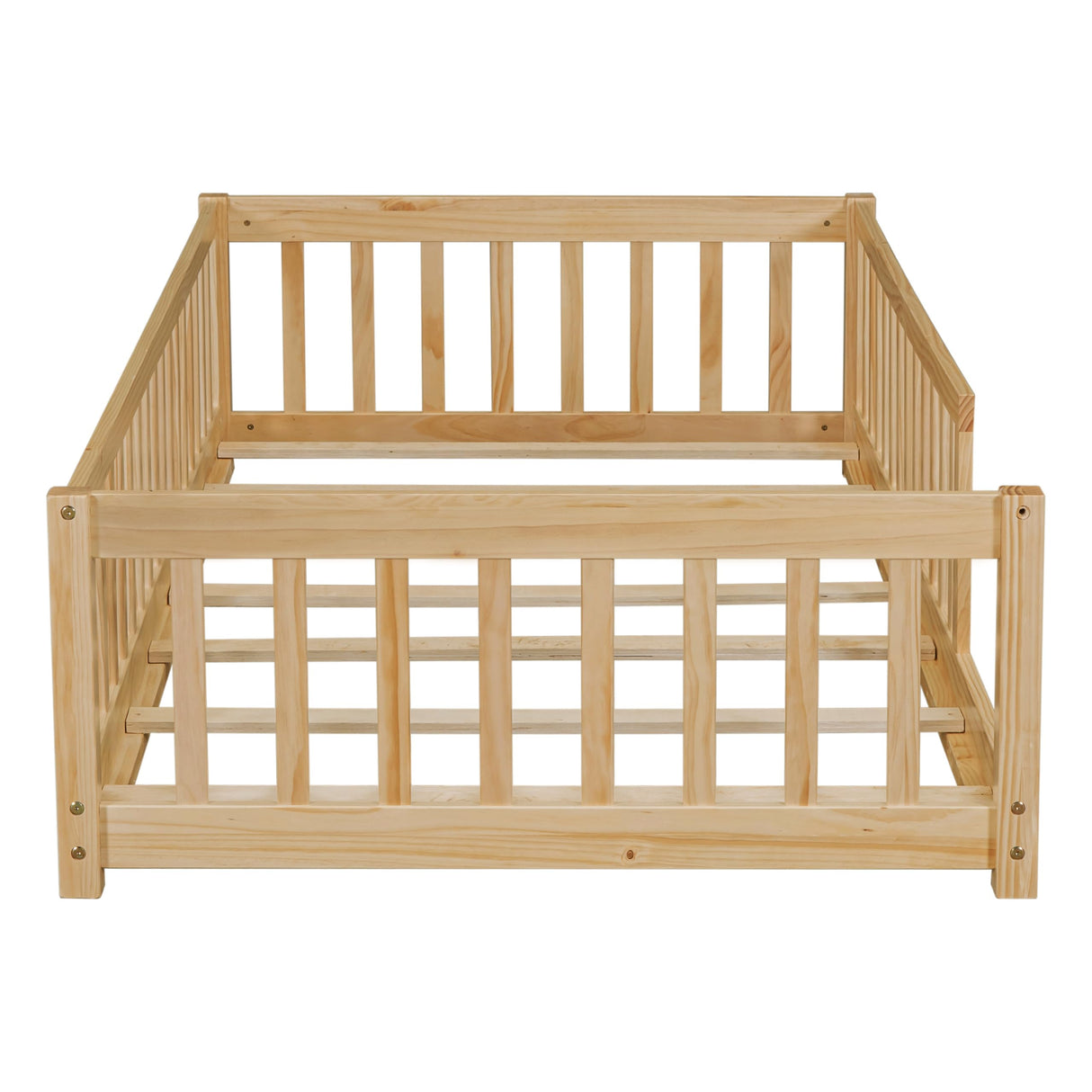 PVWIIK Twin Size Montessori Toddler Floor Bed with Wood Slats for Girls and Boys, Wood Montessori Bed Frame with Safety Guardrails, No Box Spring Needed, Natural PVWIIK