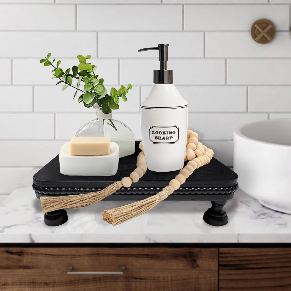 dwellington Farmhouse Display Wood Riser, 12" Decorative Black Beaded Pedestal Stand, Square Tiered Tray Decor for Kitcher Decor, Countertop dwellington