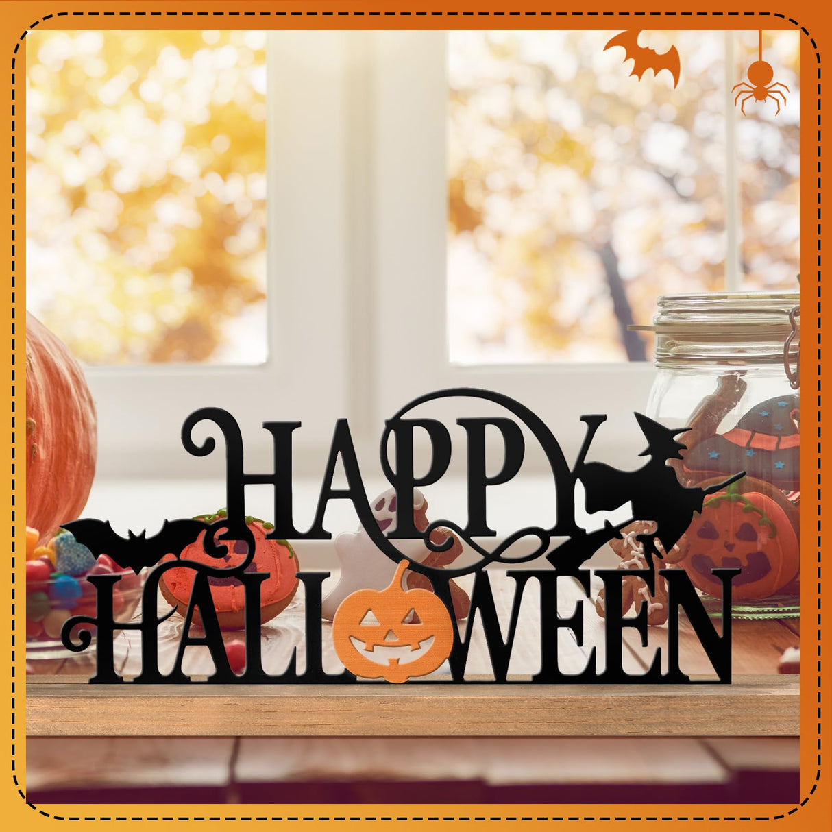 Realspring Happy Halloween Table Decor Farmhouse Tabletop Block Sign Rustic Tiered Tray Decor with Wooden Base Freestanding Metal Word Sign and Wooden Pumpkin Cutout for Home Table Shelf Office Realspring