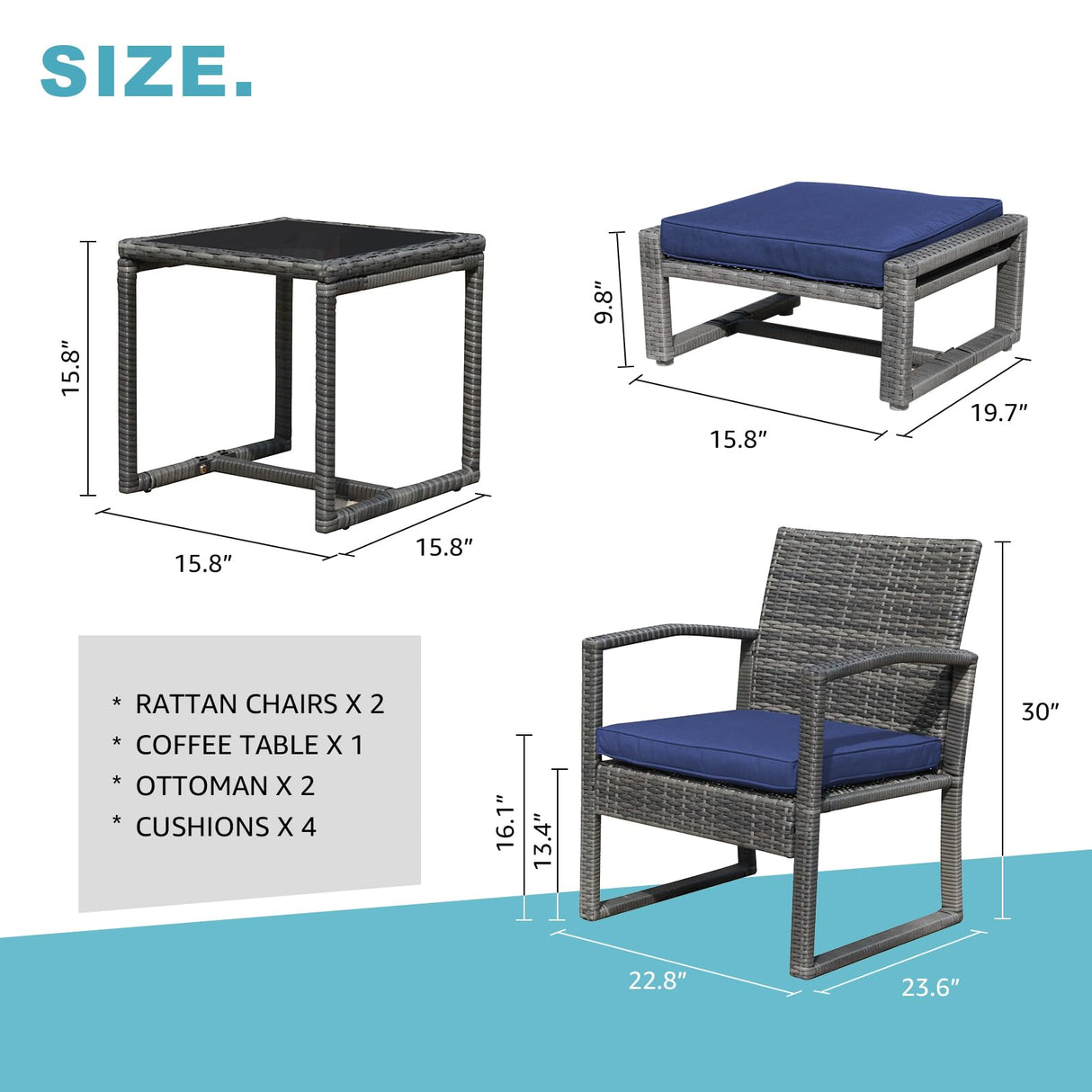 Patiorama 5 Piece Outdoor Patio Wicker Furniture Set, All Weather Grey PE Rattan Chair and Ottoman Footstool Set, W/Coffee Table, Cushions (Navy Blue) for Garden, Balcony, Porch, Space Saving Design Patiorama