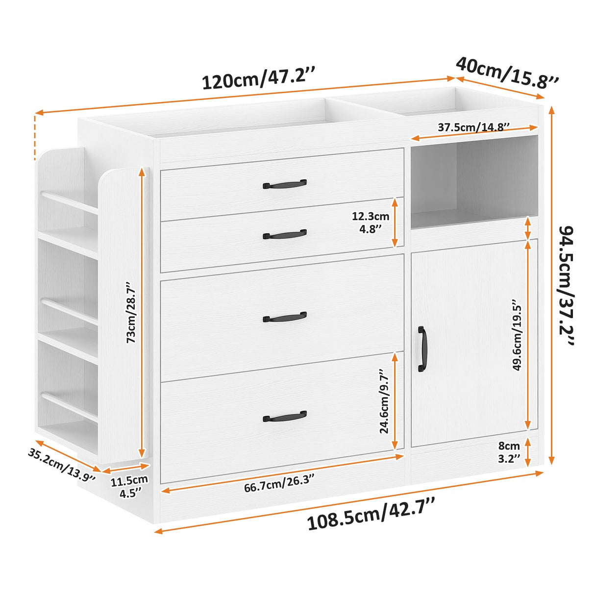 Bigbiglife Changing Table Dresser, Baby Nursery Dresser with 4 Drawers & 1 Cabinet & 3 Open Shelves Storage, Modern Diaper Changing Station for Children's Room, Changing Pad Included, White Bigbiglife