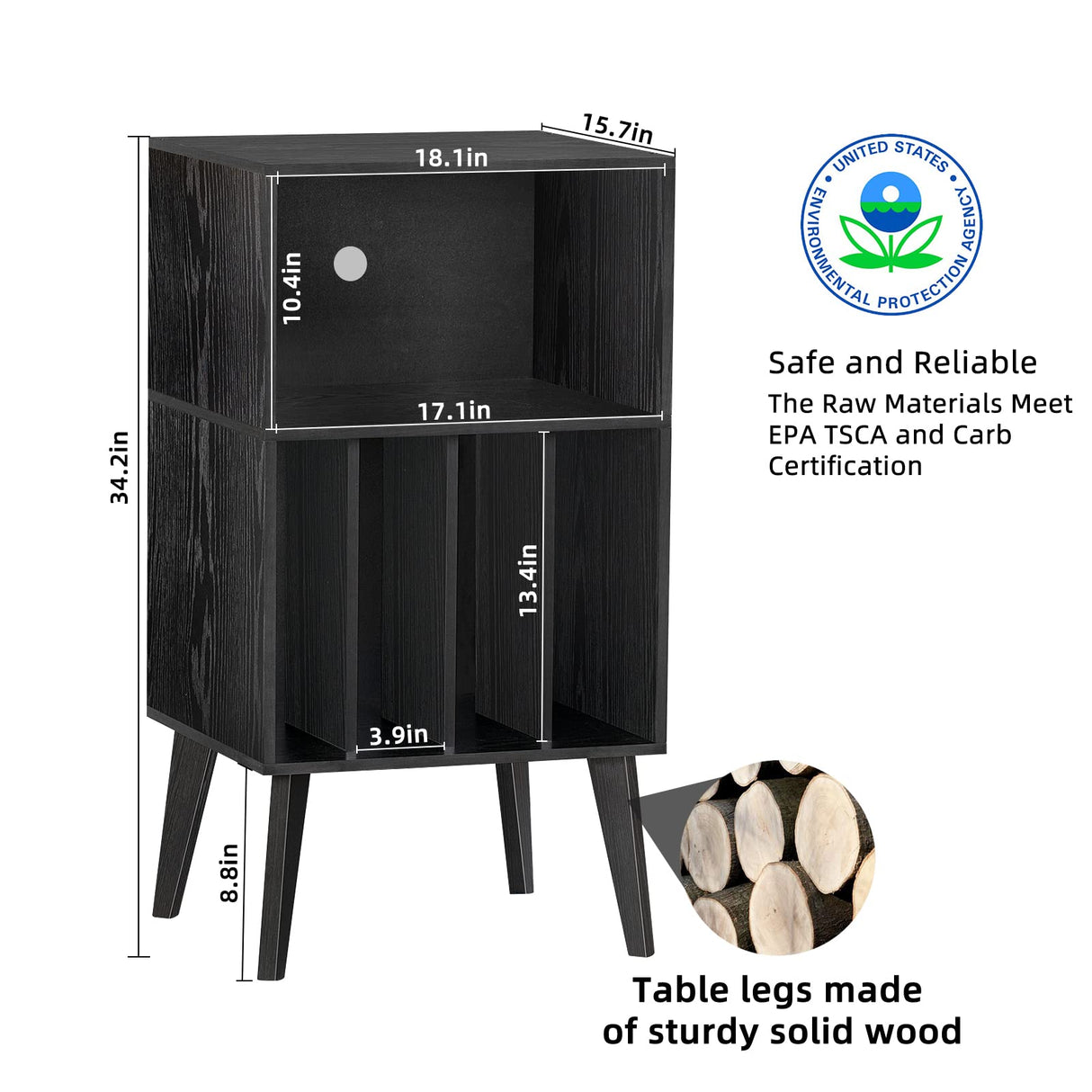 Lerliuo Record Player Stand, Black Turntable Stand Holds up to 160 Albums, Mid-Century Vinyl Storage Cabinet Table with Solid Wood Legs, Record Player Holder Dispaly Shelf for Bedroom Living Room Lerliuo