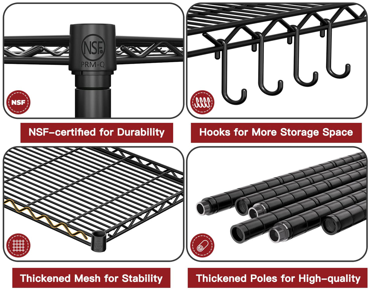 PrimeZone Wire Metal Storage Shelves - 5 Tier Adjustable NSF-Certified Heavy Duty Garage Shelving Unit Organizer Rack, Steel Utility Shelf for Kitchen, Pantry, Closet, 35.5" W x 14" D x 72" H, Black PrimeZone