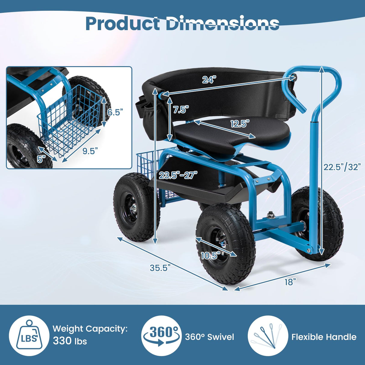 Goplus Garden Cart, Outdoor Rolling Garden Scooter W/Adjustable 360 Degree Swivel Seat, Tool Tray & Storage Basket, Extendable Handle, Yard Gardening Work Seat with Wheels, Blue Goplus