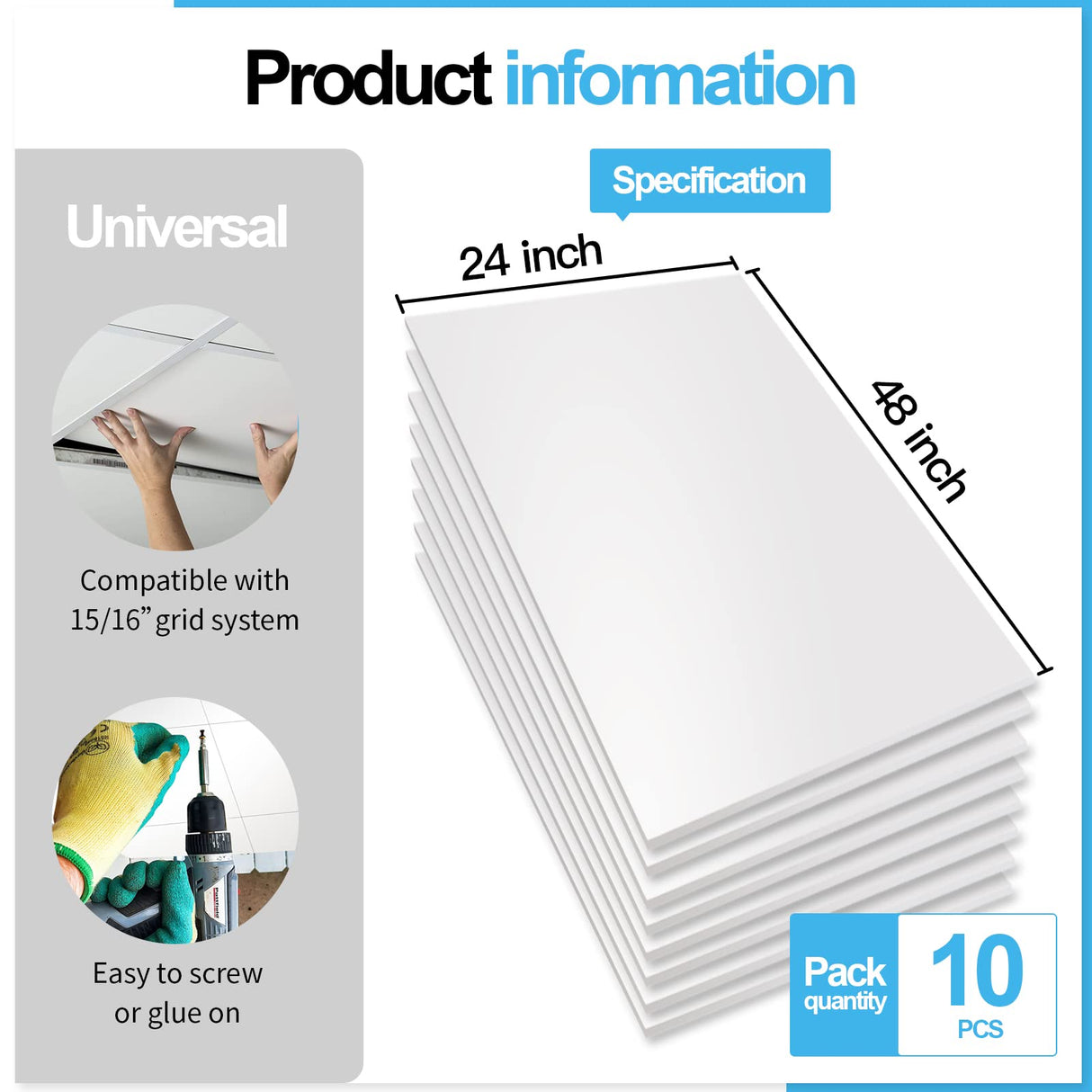 Art3d 10-Pack Smooth Drop Ceiling Tile 2ft x 4ft - Fire-Rated, Waterproof, Reusable - Premium PVC, No Sag and Breakage - Cover 80 Sq. Ft, White Art3d