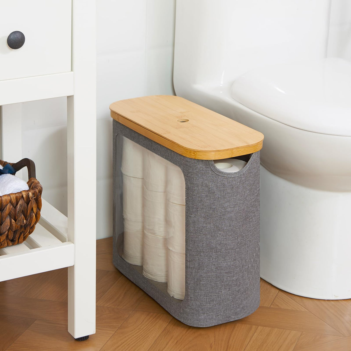 ROSOS Toilet Paper Basket, Toilet Paper Storage with Lid for 12 Rolls, Bathroom Storage Organizer with Bamboo Lid, Grey ROSOS