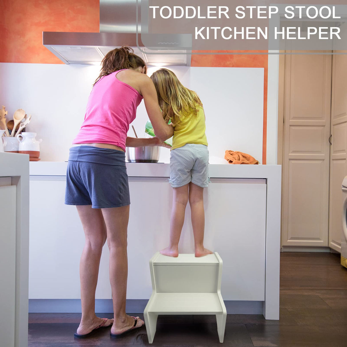 WOOD CITY Wooden Toddler Step Stool for Kids, Grey Two Step Children's Stool with Handles, Bonus Non-Slip Pads for Safety, Bathroom Potty Stool & Kitchen Step Stools Dual Height… WOOD CITY