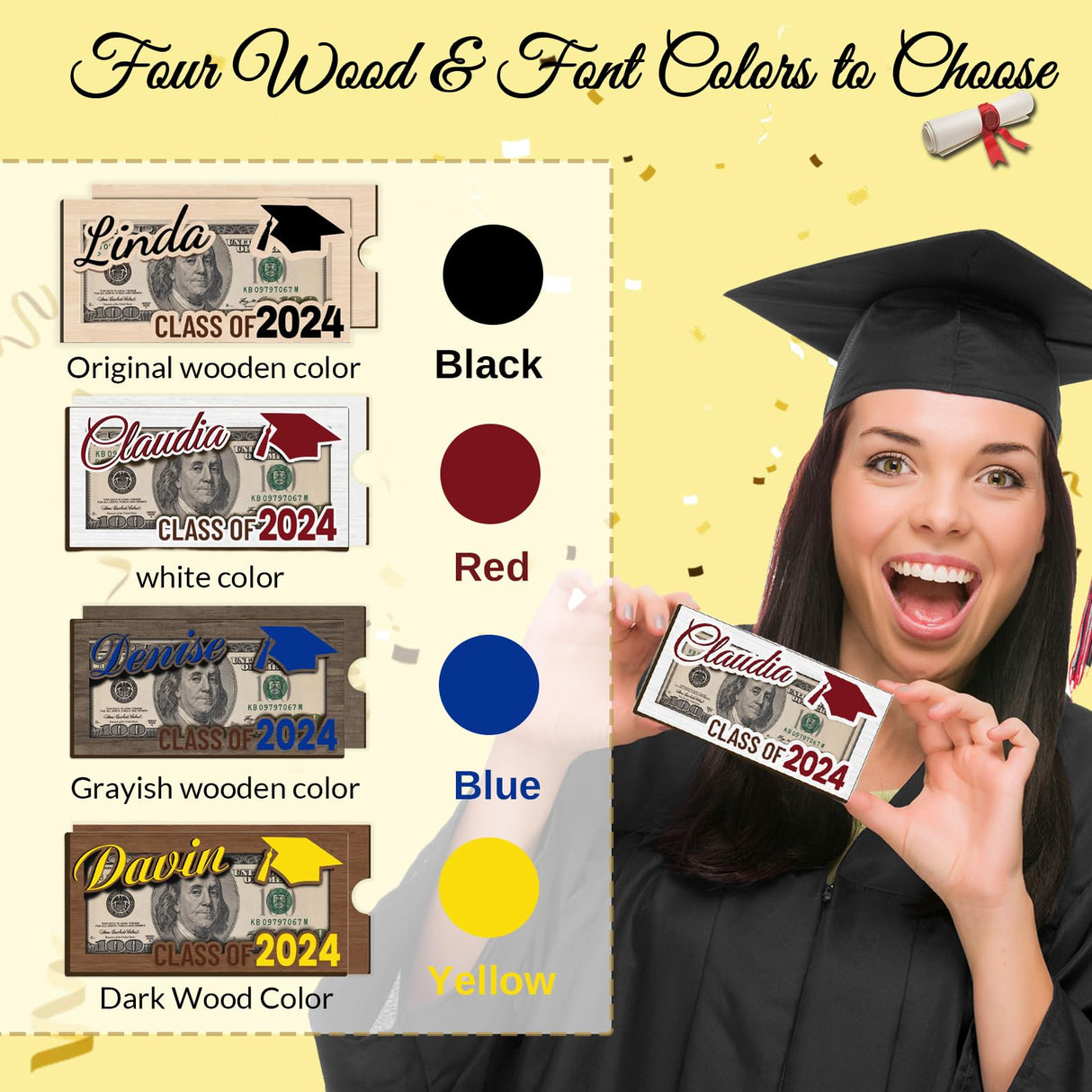 Cupike Personalized Wooden Graduation Money Holder Custom Graduation Card Box with Name Customize Cash Holder Envelope Senior Gifts for 2024 Graduates (01) Cupike