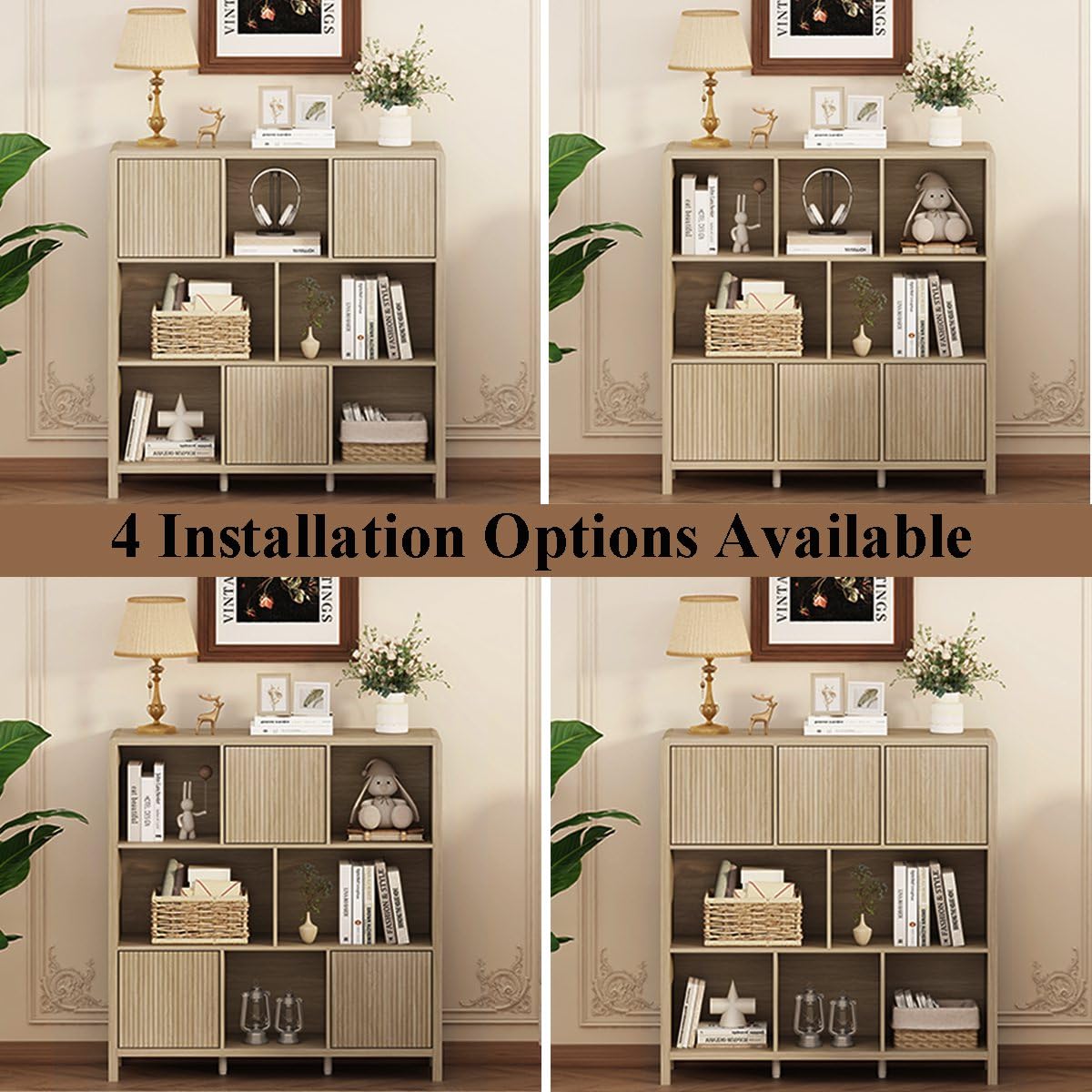 FATORRI 8 Cube Storage Organizer with Shelf, Rustic Wood Cube Bookshelf, Farmhouse Bookcase with 3 Doors, Cubby Book Shelf for Living Room, Home Office, Hallway (Light Walnut) FATORRI