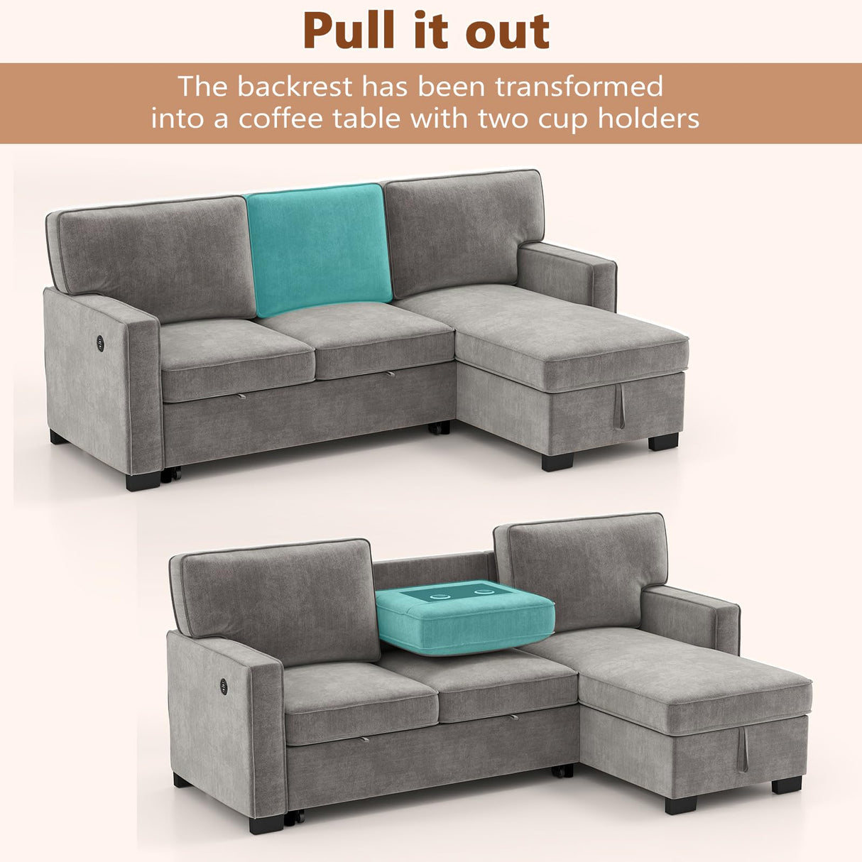 HAOMARKETS L Shaped Convertible Sleeper Sofa Bed, 90” Pull Out Couch Bed with Cup Holders and USB Charging Port, Sectional Couch Reversible Chaise with Storage for Living Room Apartment, Grey HAOMARKETS