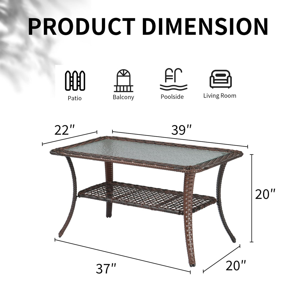 VINGLI Outdoor Coffee Table with Storage Wicker Patio Coffee Table, Tempered Glass Top Coffee Table for Patio Outside Balcony Porch Deck (Brown) VINGLI
