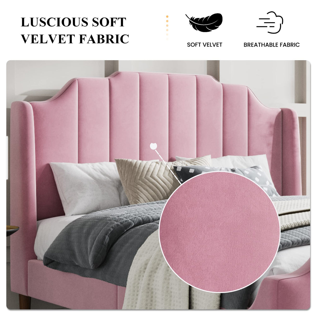 SHA CERLIN Upholstered Queen Size Bed Frame with Modern Curved Velvet Wingback Headboard, Heavy Duty Wood Platform Bed with Strong Wood Slat Support, No Box Spring Needed, Pink SHA CERLIN