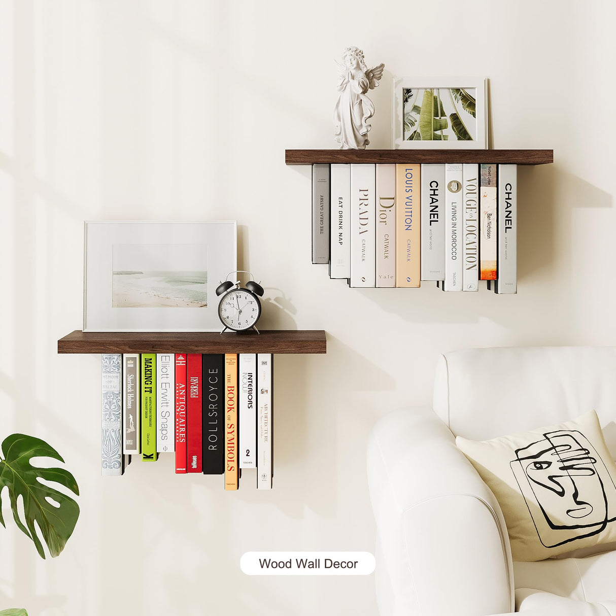 BUTUNITA Floating Bookshelves for Wall, Rustic Wood Hanging Wall Bookshelf, Upside Down Book Shelf and Wall Mounted Bookshelves for Home Decor in Bedroom, Living Room, Carbonized, 2 Pack BUTUNITA