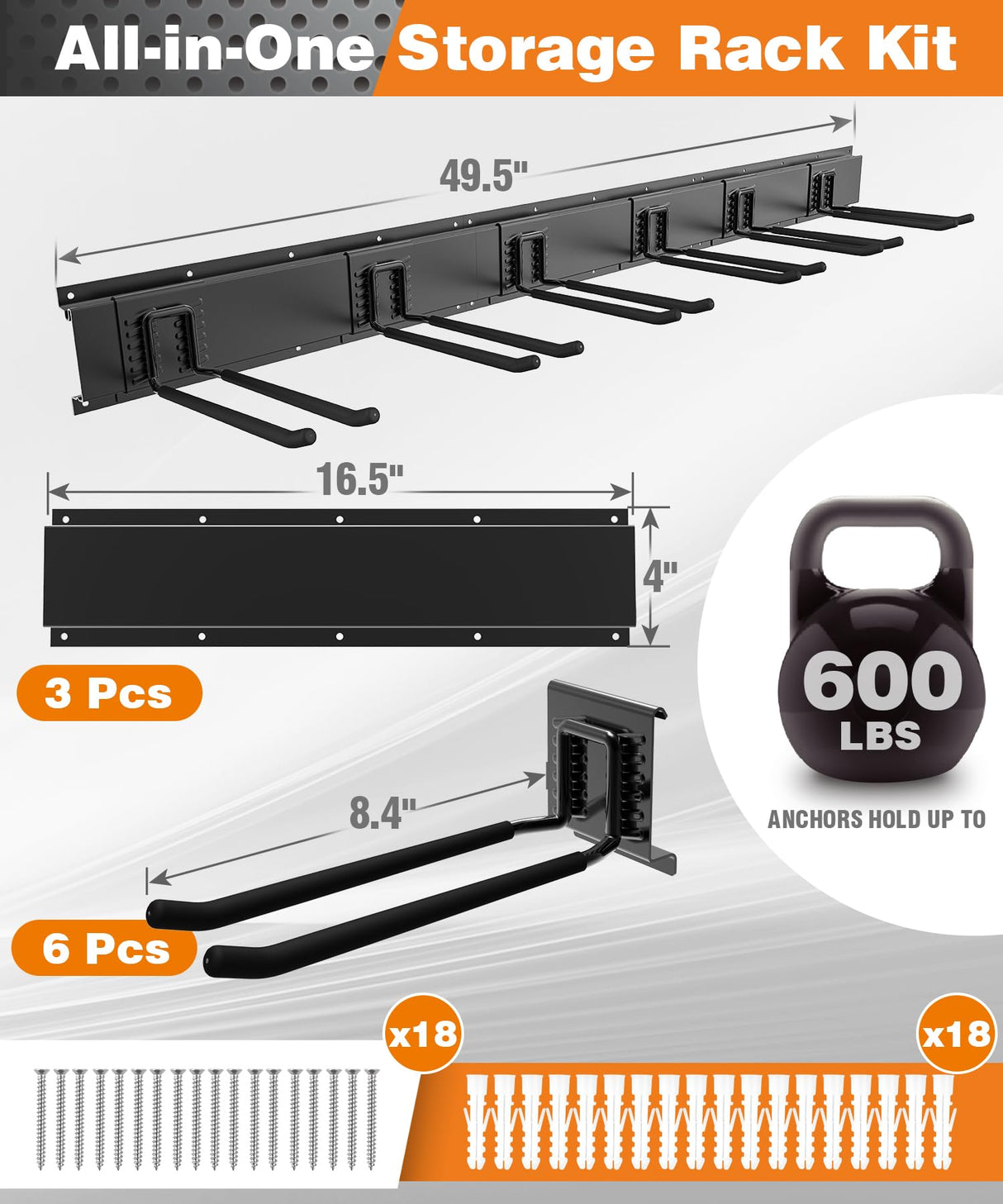 Garage Tool Organizer Wall Mount, 49.5 Inch Garage Organization and Storage Heavy Duty with 3 Packs Rails and 6 Adjustable Hooks, Garden Yard Tool Hanger Rack for Shovel, Max Load 600lbs Solid As Mountain